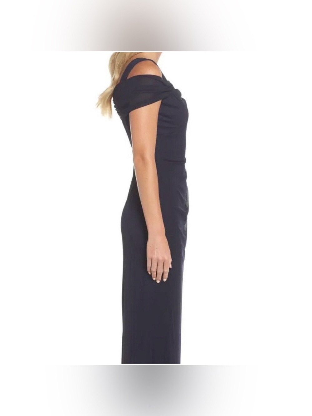 ALEX EVENINGS Embellished Navy Blue Cold Shoulder Column Gown - Picture 4 of 16